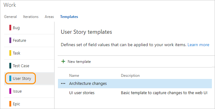 Screenshot of managing user story templates.