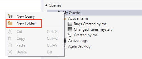 Visual Studio、打开上下文菜单和选择“新建文件夹”的屏幕截图。
