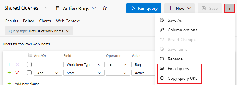 “选择电子邮件查询”或“复制查询 URL”的屏幕截图。