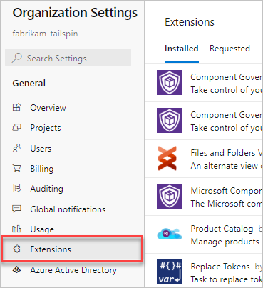 Screenshot of Organization settings, Extensions page.