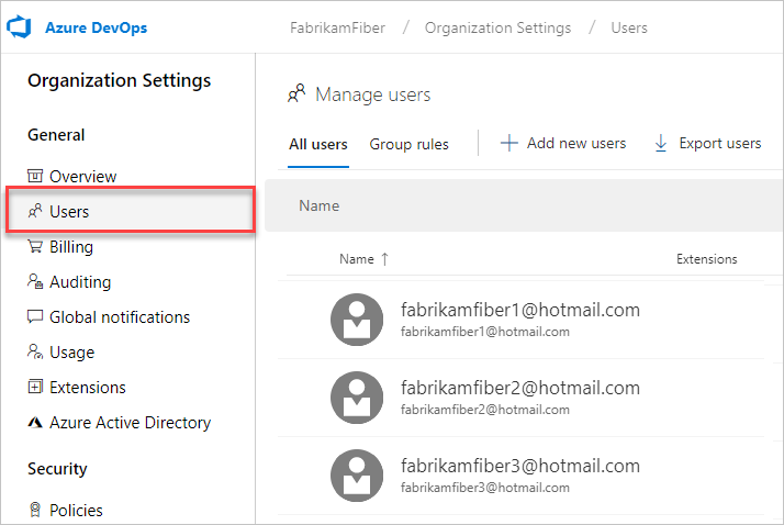 Screenshot showing selected Users button in organization settings.