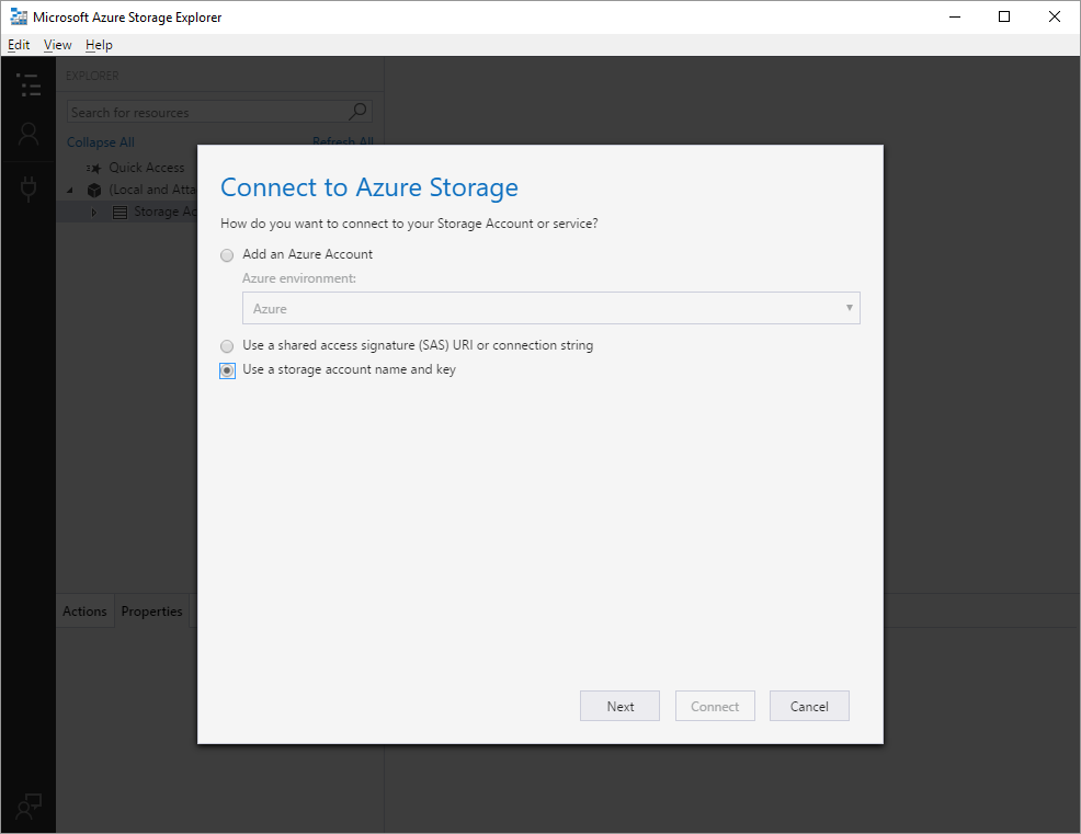 “连接到 Azure 存储”窗格的屏幕截图。