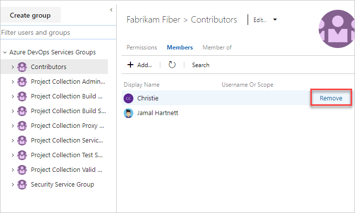 Screenshot showing removal of a user from a security group, new navigation.