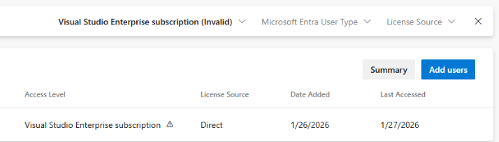 显示具有非活动 Visual Studio 订阅的用户的访问级别筛选器的屏幕截图。