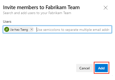 邀请成员加入团队对话框“添加”按钮。