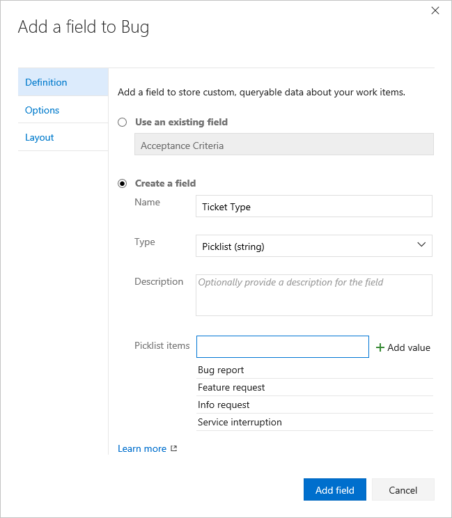 将字段添加到 Bug 对话框,添加自定义选取列表。
