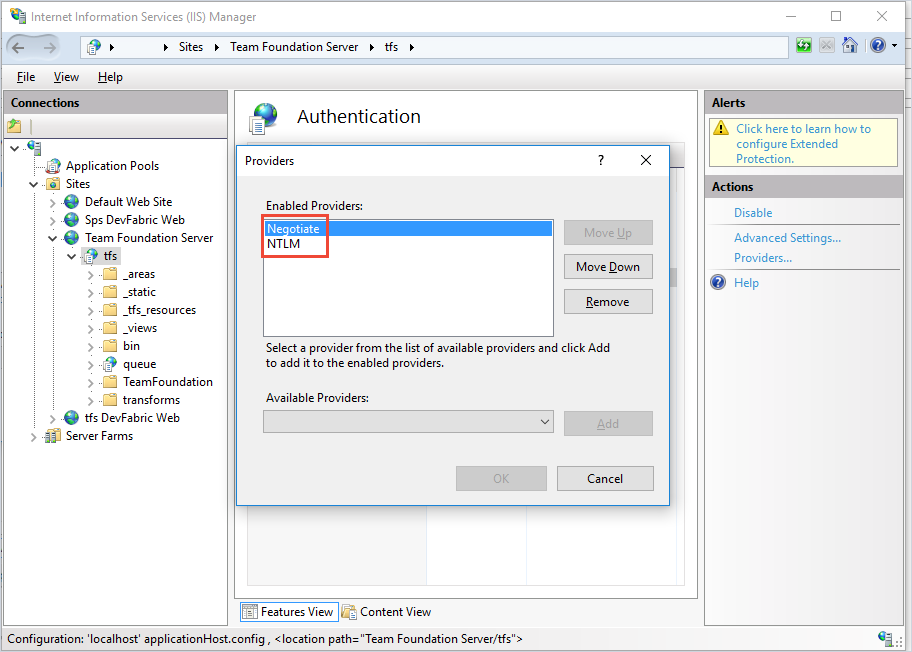 Screenshot of IIS TFS windows authentication with negotiate and NTLM provider configuration.