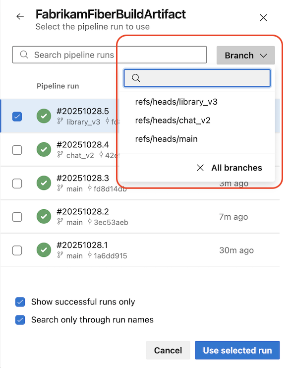 管道运行面板并选择可用项目的屏幕截图。 