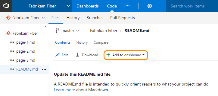 Web 门户、代码、自述文件、向仪表板添加 Markdown 页的屏幕截图。