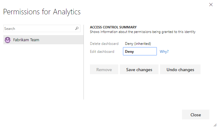 “Analytics 仪表板的权限”对话框，Azure DevOps Server 2019 年。