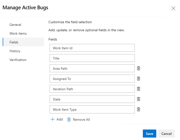 “管理活动 Bug”对话框的屏幕截图,“字段”选项卡。