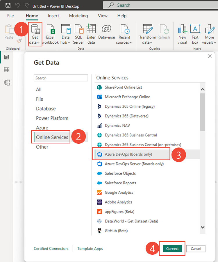 Power BI 的屏幕截图:仅) 连接到 Azure DevOps (Boards。