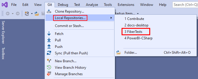 Visual Studio 中 Git 菜单上的“本地存储库”选项的屏幕截图。