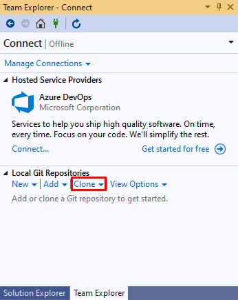 Visual Studio 2019 中团队资源管理器的“连接”视图中的“克隆”链接的屏幕截图。