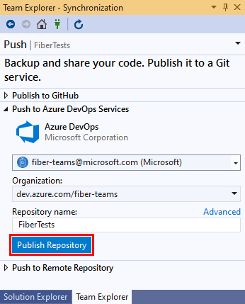 Visual Studio 2019 中“团队资源管理器”的“同步”视图中 Azure DevOps 组织和存储库名称选项以及“发布存储库”按钮的屏幕截图。