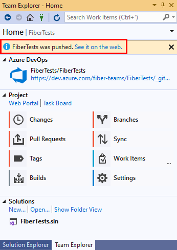 Visual Studio 2019“团队资源管理器”的“主页”视图中“在 Web 上查看它”链接的屏幕截图。