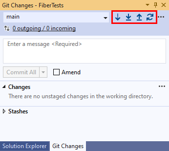 Visual Studio“Git 更改”窗口中“提取”、“拉取”、“推送”和“同步”按钮的屏幕截图。