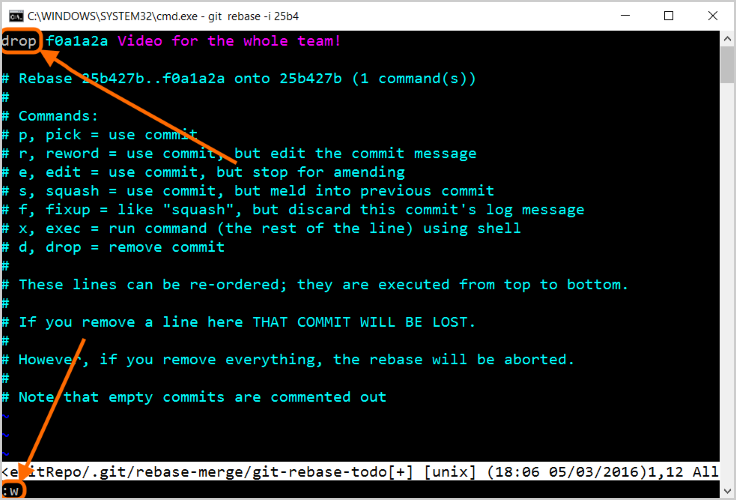 命令提示符 - git rebase -i 25b4 drop 命令