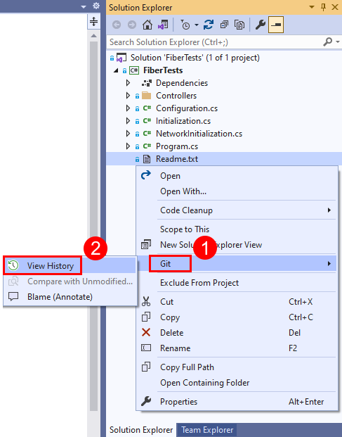 Visual Studio 中解决方案资源管理器的文件上下文菜单中“查看历史记录”选项的屏幕截图。