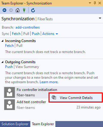 Visual Studio 2019 团队资源管理器“同步”视图中的提交的屏幕截图。