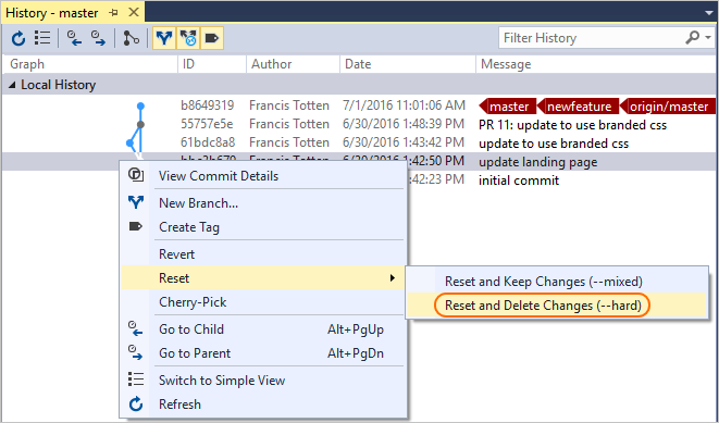 显示如何在 Visual Studio 中重置分支的屏幕截图。