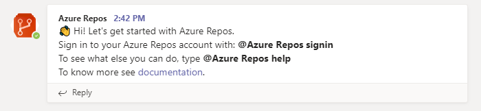 Teams 中 Azure Repos 的欢迎消息的屏幕截图。