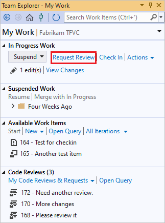 团队资源管理器“我的工作”页中的“请求评审”链接的屏幕截图。