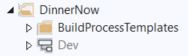 Visual Studio 中“文件夹”窗口的屏幕截图。DinnerNow 文件夹包含一个名为 BuildProcessTemplates 的文件夹和一个名为 Dev 的分支。