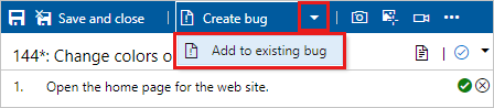 屏幕截图显示“测试运行程序”，其中选择了“添加到现有 bug”