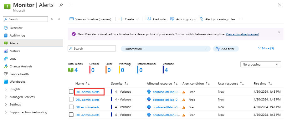 显示“警报”页的屏幕截图,其中突出显示了警报的完整列表和一个警报名称。