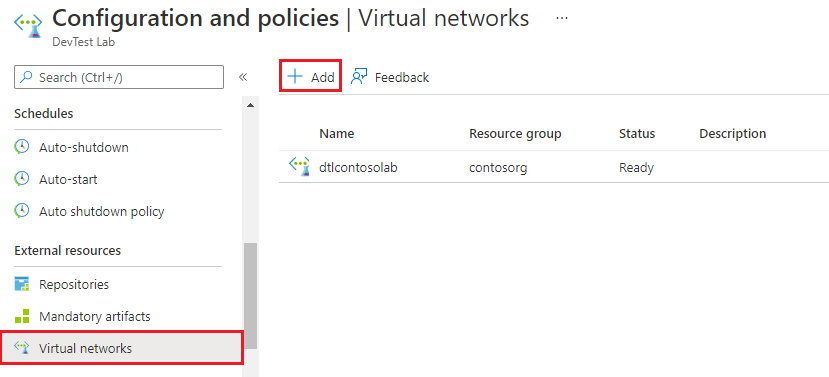 Screenshot that shows a lab's Virtual networks page with Add selected.