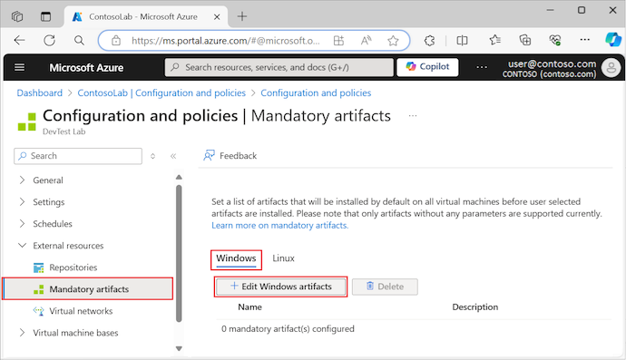 显示如何在 Azure 门户中编辑实验室虚拟机的 Windows 项目的屏幕截图。