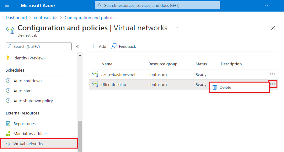 Screenshot that shows deleting the old lab virtual network.