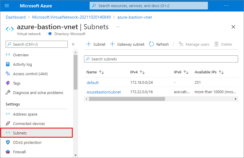 Screenshot that shows two subnets in the Azure Bastion virtual network.