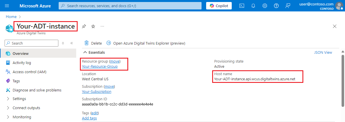 Screenshot of the Azure portal, highlighting the important values from the Azure Digital Twins instance's Overview page.