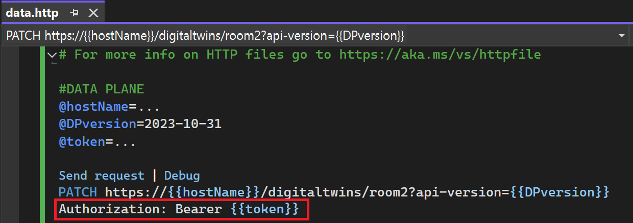 Visual Studio 中包含授权行的请求的屏幕截图。