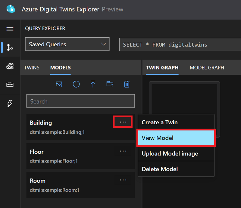 显示“模型”面板的 Azure Digital Twins Explorer 的屏幕截图，其中列出了三个模型定义：Building、Floor 和 Room。