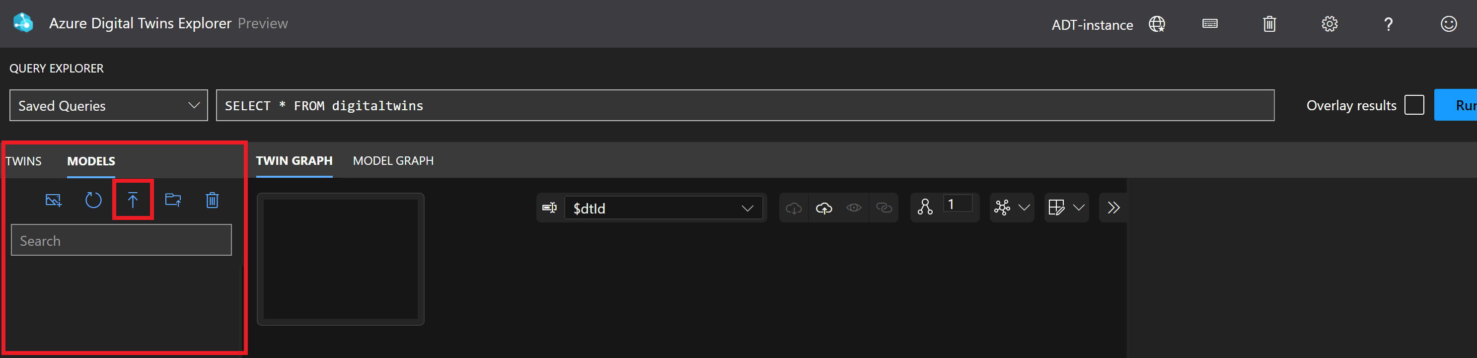 Azure Digital Twins Explorer 的屏幕截图，其中突出显示“模型”面板和“上传模型”图标。