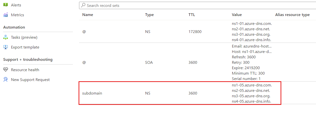 父 DNS 区域“概述”页中子区域名称服务器验证的屏幕截图。