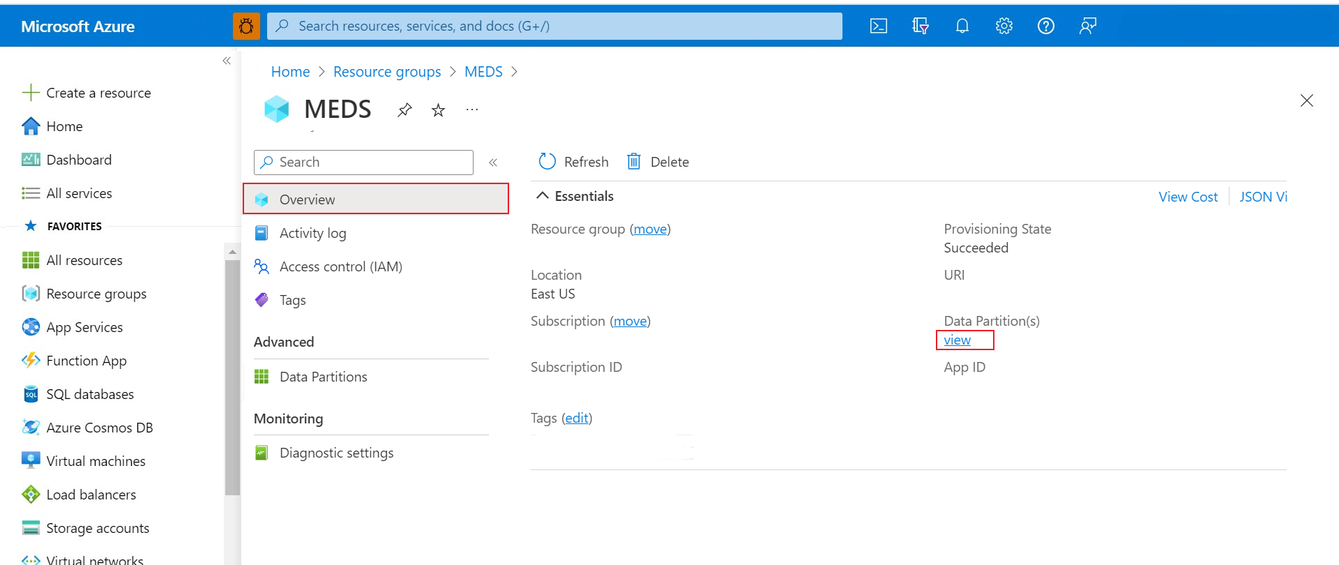 显示如何从 Azure Data Manager for Energy 实例概述页面查找 data-partition-id 的屏幕截图。