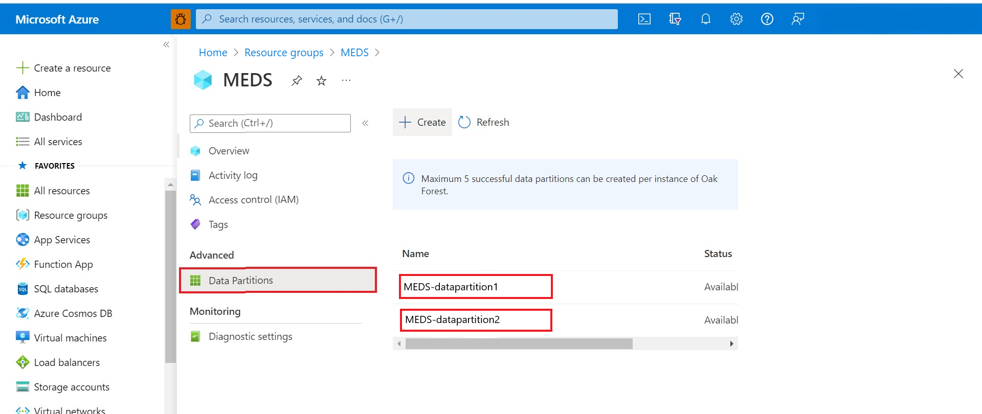 显示如何从 Azure Data Manager for Energy 实例查找 data-partition-id 的屏幕截图。