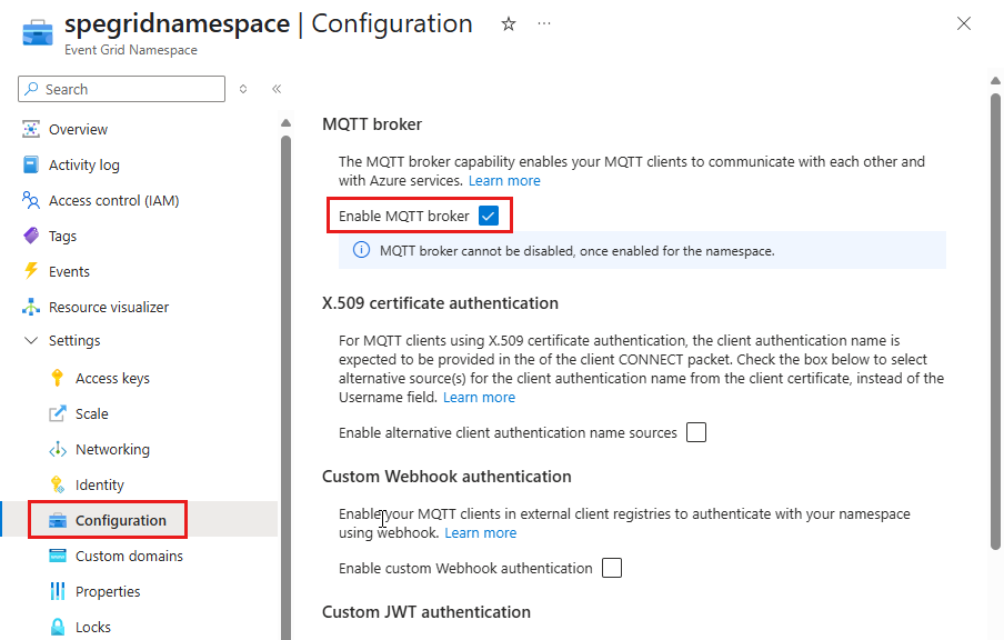 显示用于启用 MQTT 的事件网格命名空间配置页的屏幕截图。