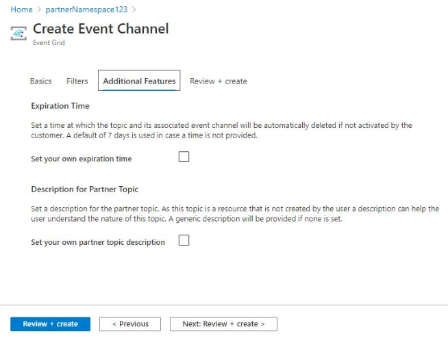 Create event channel - additional features page