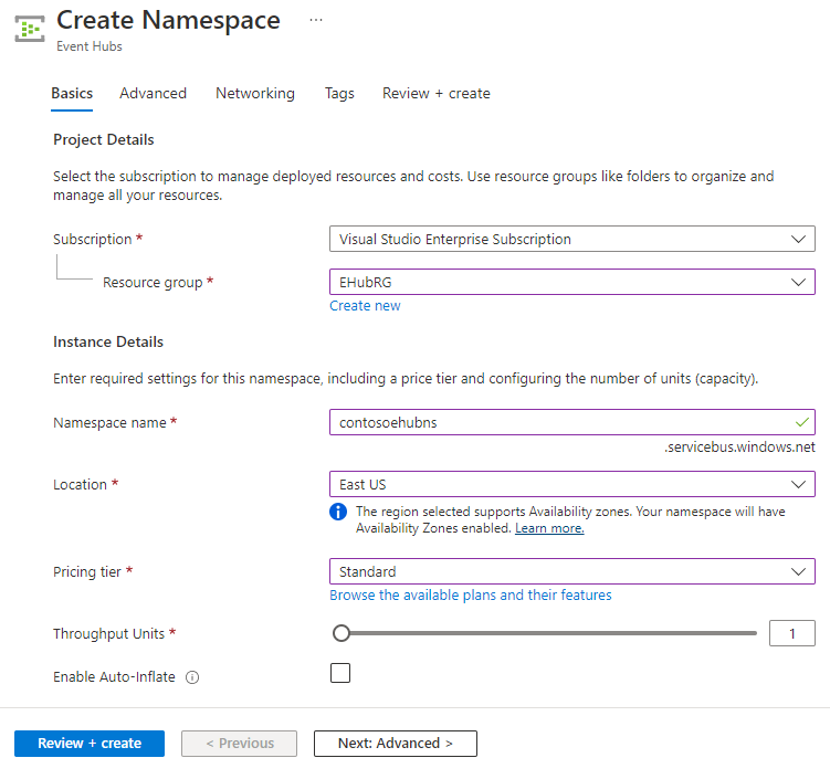 Microsoft Azure 门户中的“创建命名空间”页的屏幕截图。