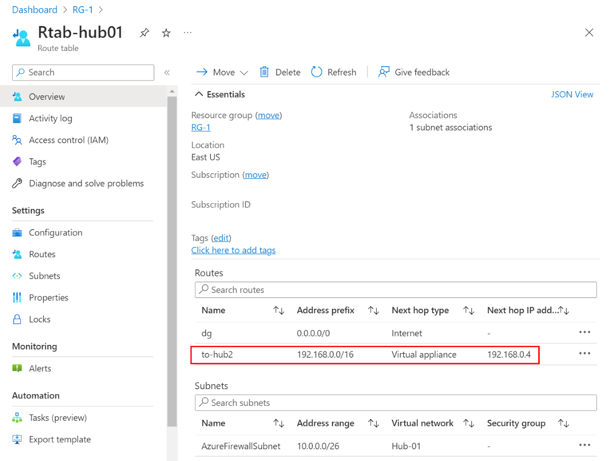 显示 Hub-01 路由表的屏幕截图