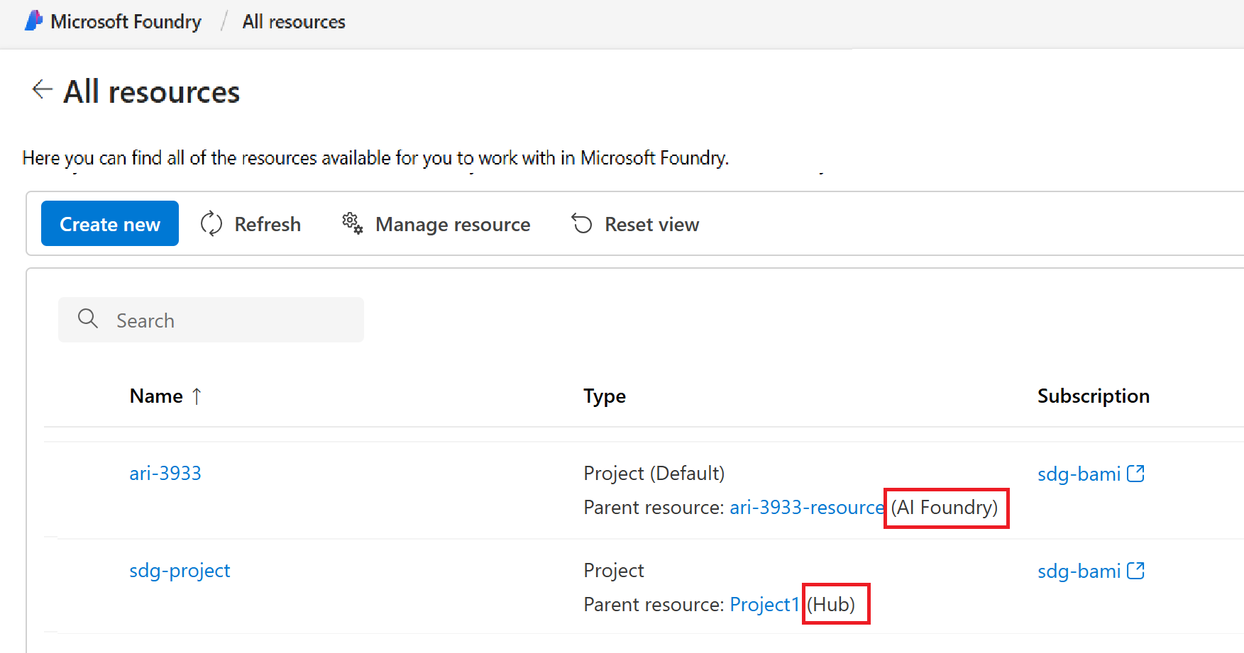 屏幕截图显示了“所有资源”页中的 Foundry 项目和基于中心的项目。
