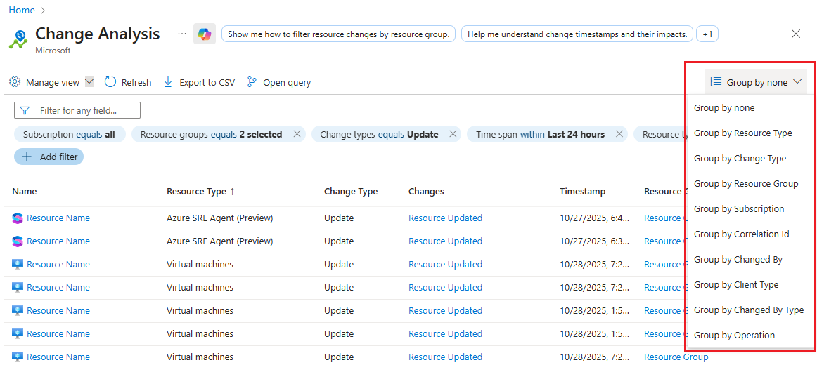用于选择如何对更改分析结果进行分组的下拉列表的屏幕截图。