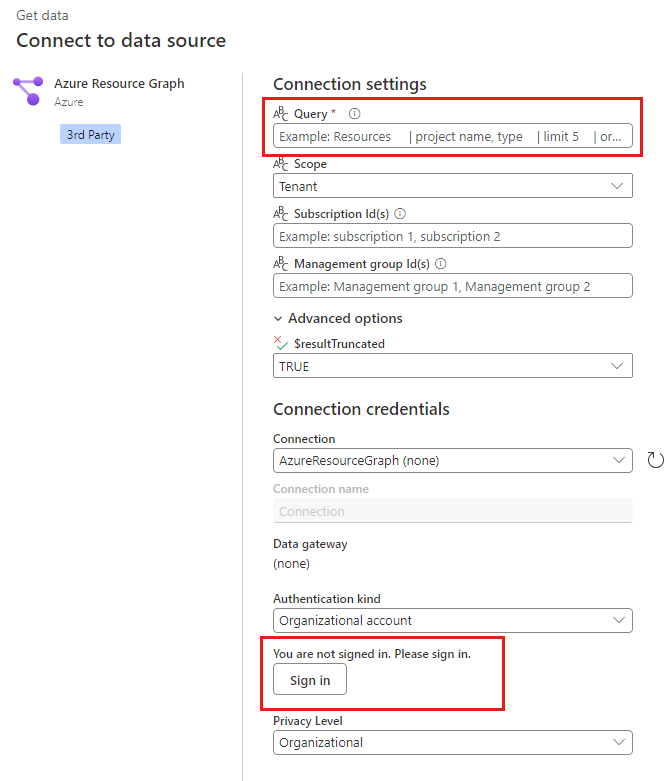 Power BI 服务 Azure Resource Graph 对话框的屏幕截图,用于输入查询并使用默认设置。