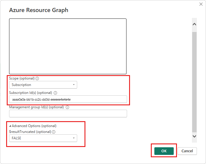 Power BI Desktop Azure Resource Graph 对话框的屏幕截图,用于使用范围、订阅 ID 和 $resultTruncated 的可选设置进行查询。