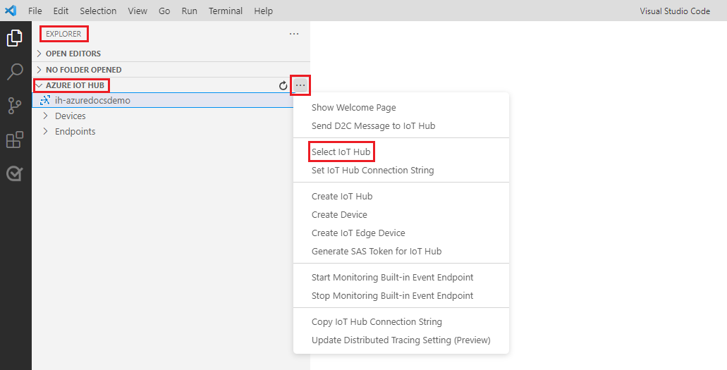 Screenshot of Visual Studio Code with the Azure IoT Hub extension with the deployed IoT hub selected.